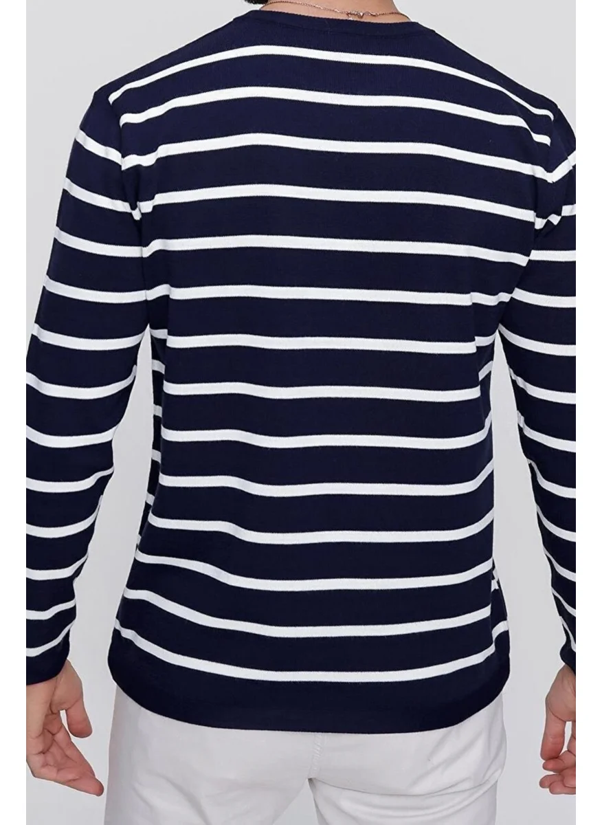 Cool Tarz Cool Style Men's Navy Blue Crew Neck Striped Casual Knitwear Sweater