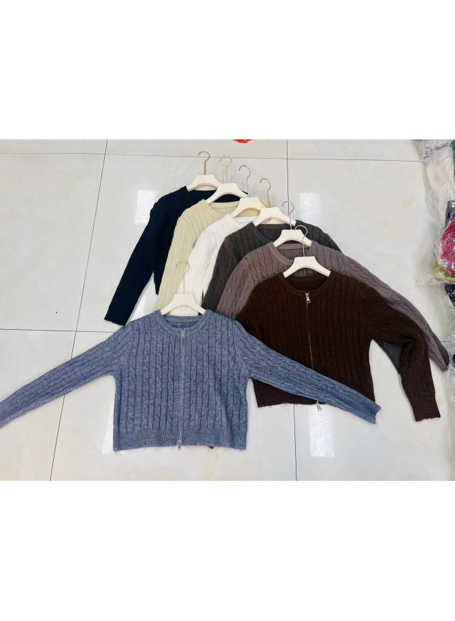 Leyuan Solid Color Short Cable Knit Sweater Women Autumn Winter New Coat Double Zipper Round Neck Knitted Cardigan Top - Image 1