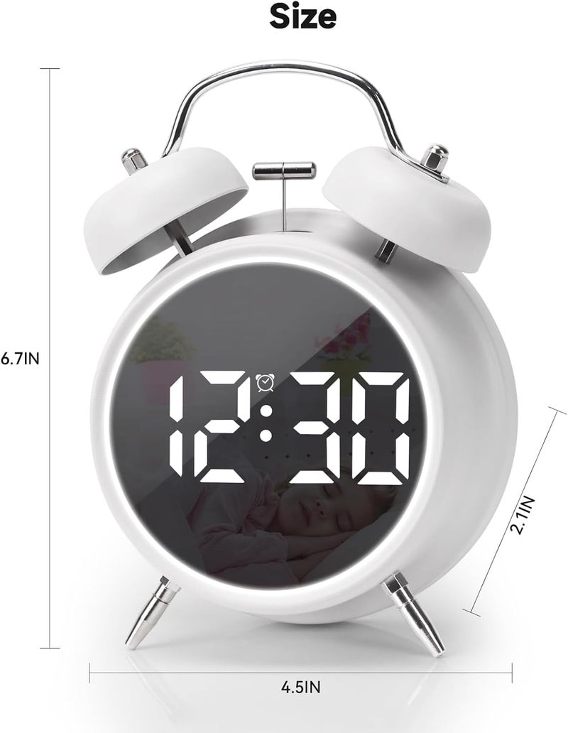 KEYOZA Twin Bell Alarm Clock LED Display Digital Clock with Night Light USB RechargeableBattery Operated Loud Bell Metal Alarm Clock for Office Bedroom White - Image 2