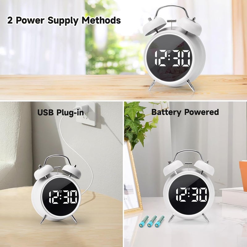 KEYOZA Twin Bell Alarm Clock LED Display Digital Clock with Night Light USB RechargeableBattery Operated Loud Bell Metal Alarm Clock for Office Bedroom White - Image 4