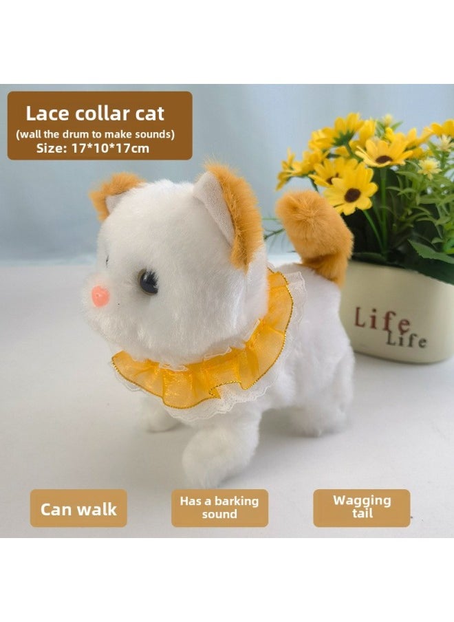 Electric Plush Kitten Toy Walking Will Call Will Move Simulation Cat Plush Toy Cat Pet Children's Gift-Color:Collar Lace Kitten (yellow) Called Drum Sound  - Image 1