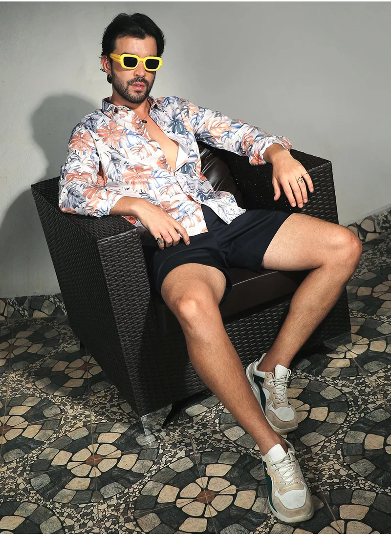 كامبوس سوترا Campus Sutra Men's Prussian Blue & Sienna Brown Tropical Palm Shirt For Casual Wear | Spread Collar | Long Sleeve | Button Closure | Shirt Crafted With Comfort Fit For Everyday Wear