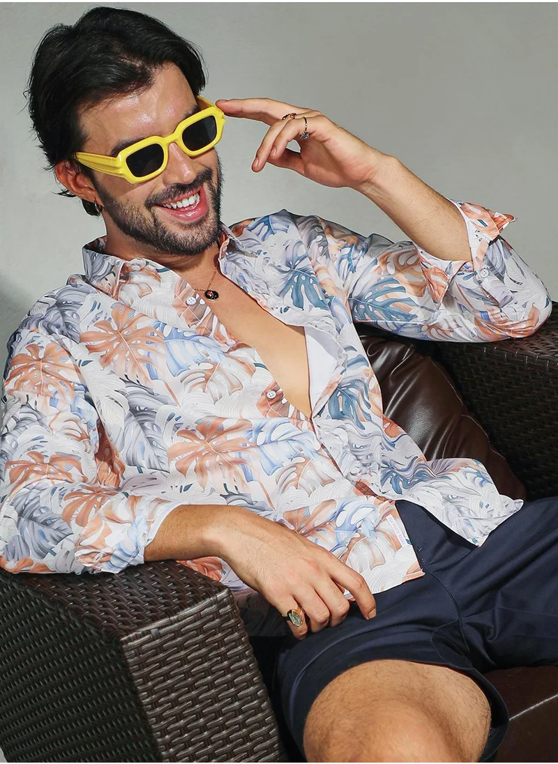 كامبوس سوترا Campus Sutra Men's Prussian Blue & Sienna Brown Tropical Palm Shirt For Casual Wear | Spread Collar | Long Sleeve | Button Closure | Shirt Crafted With Comfort Fit For Everyday Wear