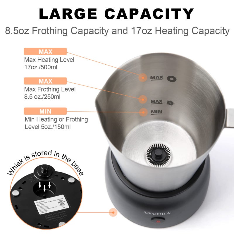 Secura Detachable Milk Frother, 17oz Electric Milk Steamer Stainless Steel, Automatic Hot/Cold Foam and Hot Chocolate Maker with Dishwasher Safe, 120V - Image 4