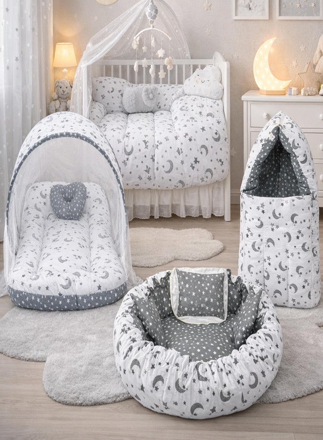 Infantbond Combo of Baby Bed with Net | Carry Bag | 1 Nest Bed(0-6 Months, Baby Size, Cotton) (Nest Set Gray Moon) - Image 1