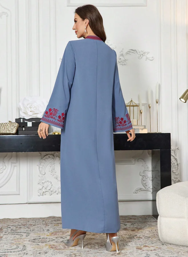 Take Two Blue Embroidered Yoke Long Sleeve Jalabiya