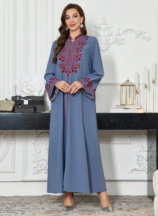 Take Two Blue Embroidered Yoke Long Sleeve Jalabiya