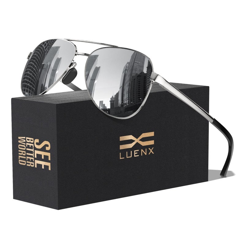 LUENX Aviator Sunglasses for Men Women Polarized - Mirrored Driving uv 400 Protection(Silver) - Image 1