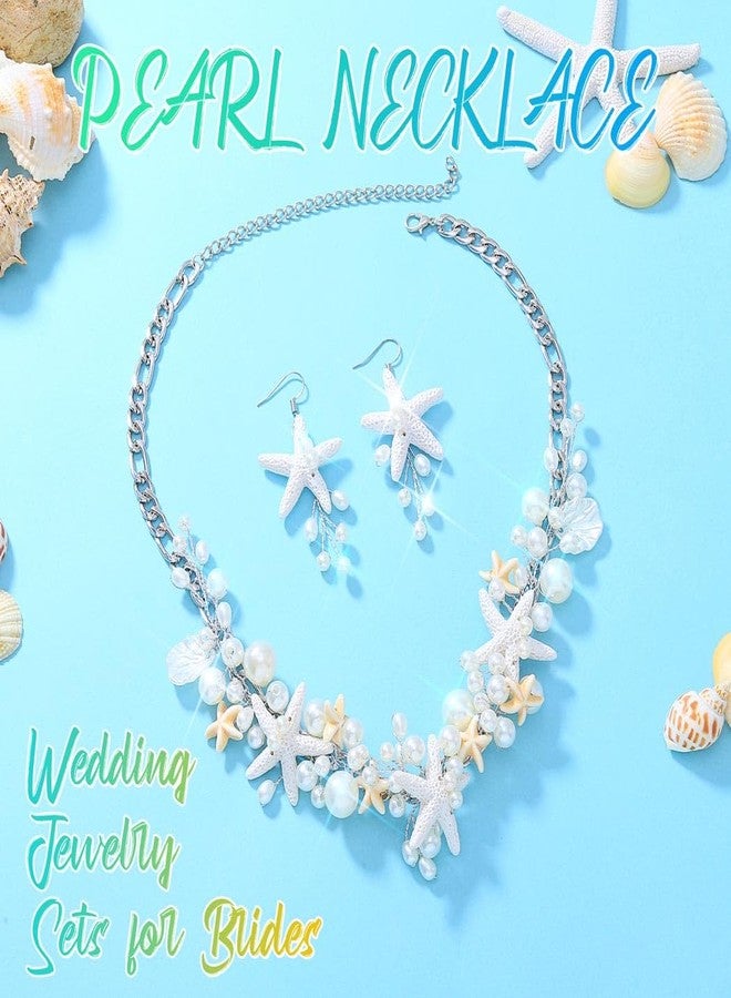 Unicra Silver Starfish Jewelry Set Pearl Mermaid Ocean Necklace Earrings Sets Beach Wedding Jewelry Sets for Women and Brides (Silver) - Image 2