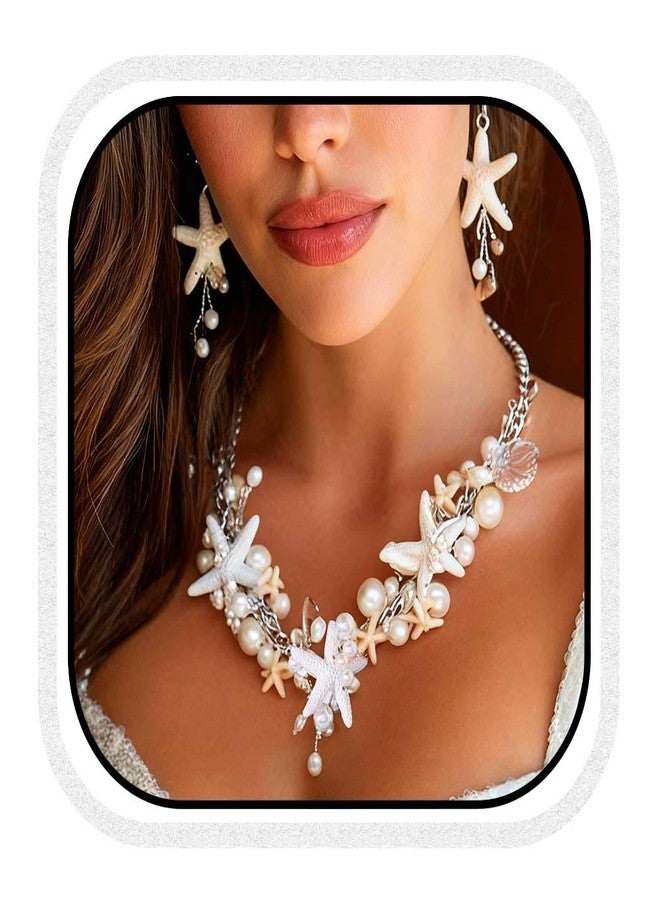 Unicra Silver Starfish Jewelry Set Pearl Mermaid Ocean Necklace Earrings Sets Beach Wedding Jewelry Sets for Women and Brides (Silver) - Image 1