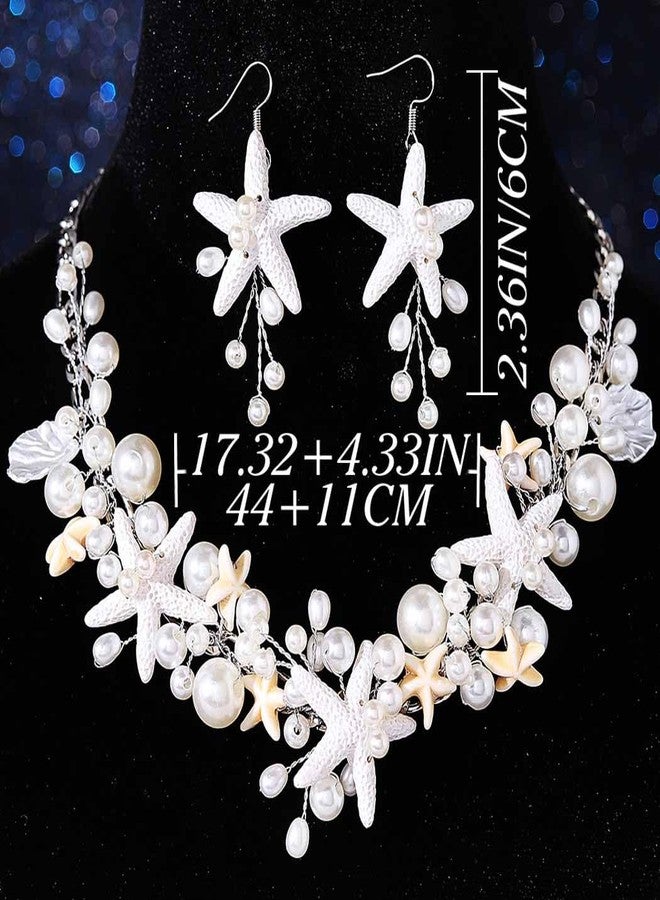 Unicra Silver Starfish Jewelry Set Pearl Mermaid Ocean Necklace Earrings Sets Beach Wedding Jewelry Sets for Women and Brides (Silver) - Image 5
