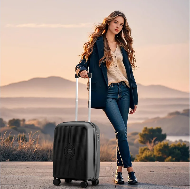 كابينبرو Unisex Expandable PP Fashion Trolley Lightweight Hard Shell Spinner luggage with 360° Degree 4 Twin Wheel and Double Zippers CP003-Black