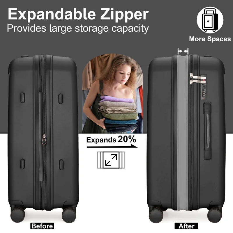 Cabinpro black unisex expandable carry on pp fashion trolley lightweight hard shell spinner luggage with 360° degree 4 twin wheel and double zippers cp003 black  | Best Price UAE