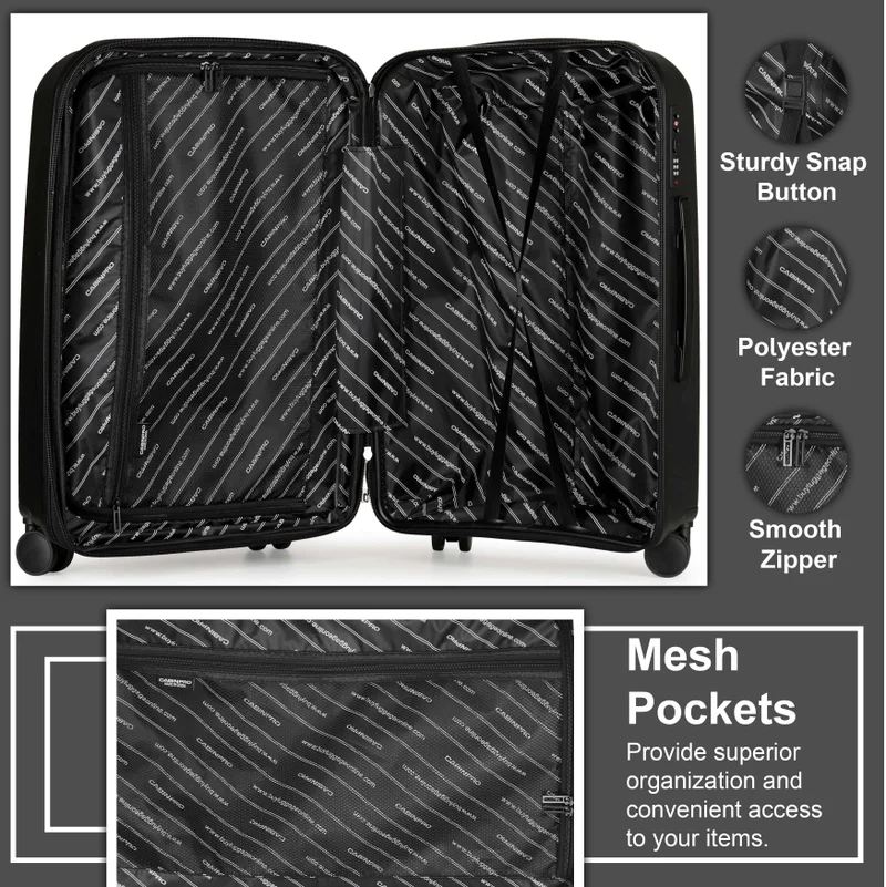 Cabinpro black unisex expandable carry on pp fashion trolley lightweight hard shell spinner luggage with 360° degree 4 twin wheel and double zippers cp003 black  | Best Price UAE