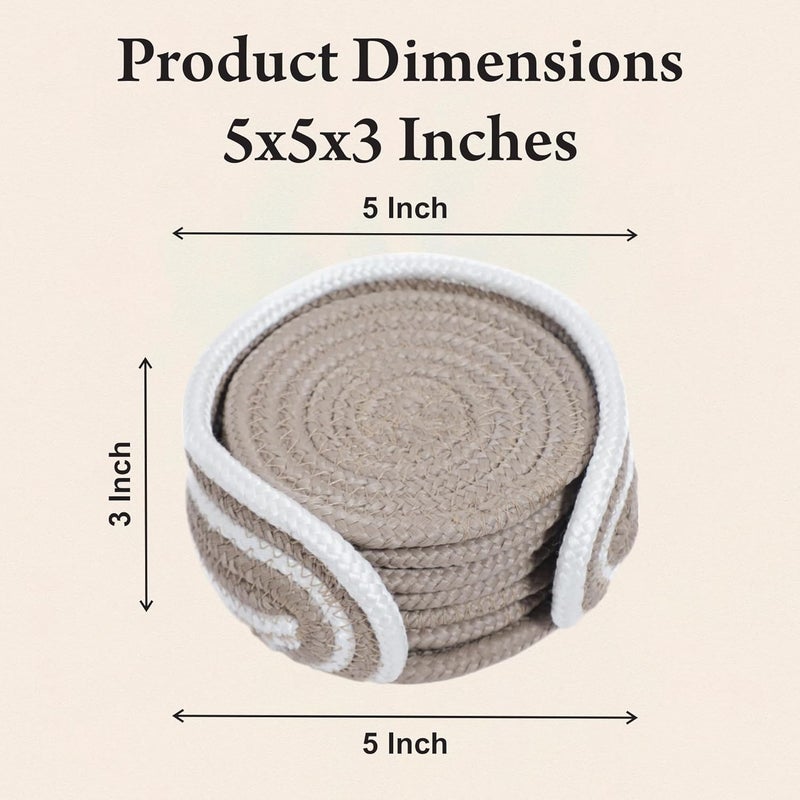 AURKA Handmade Cotton Coaster Set of 6 with Holder (Beige, 10 cm)|Round Braided Drink Mats for Hot & Cold Beverages|Eco-Friendly Absorbent Table Protectors|Decorative Tea, Coffee & Dining Coasters - Image 3