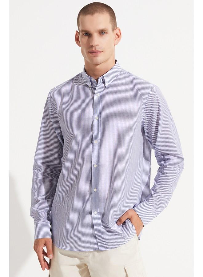 JUNE Men Regular Fit Long Sleeve Striped Shirt Blue - White - Image 4