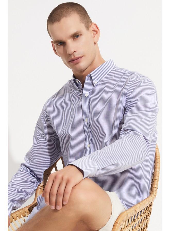 JUNE Men Regular Fit Long Sleeve Striped Shirt Blue - White - Image 5