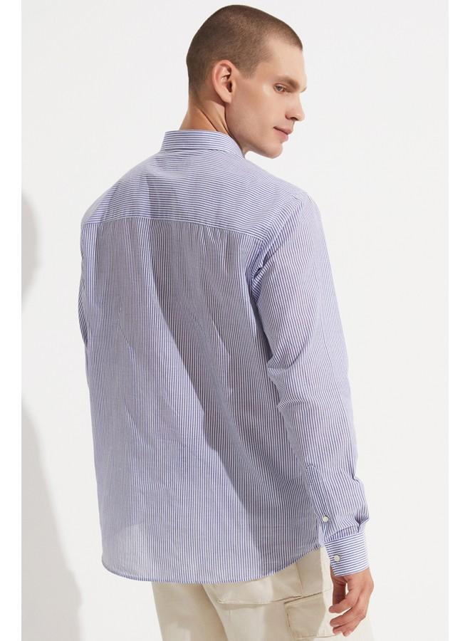 JUNE Men Regular Fit Long Sleeve Striped Shirt Blue - White - Image 3