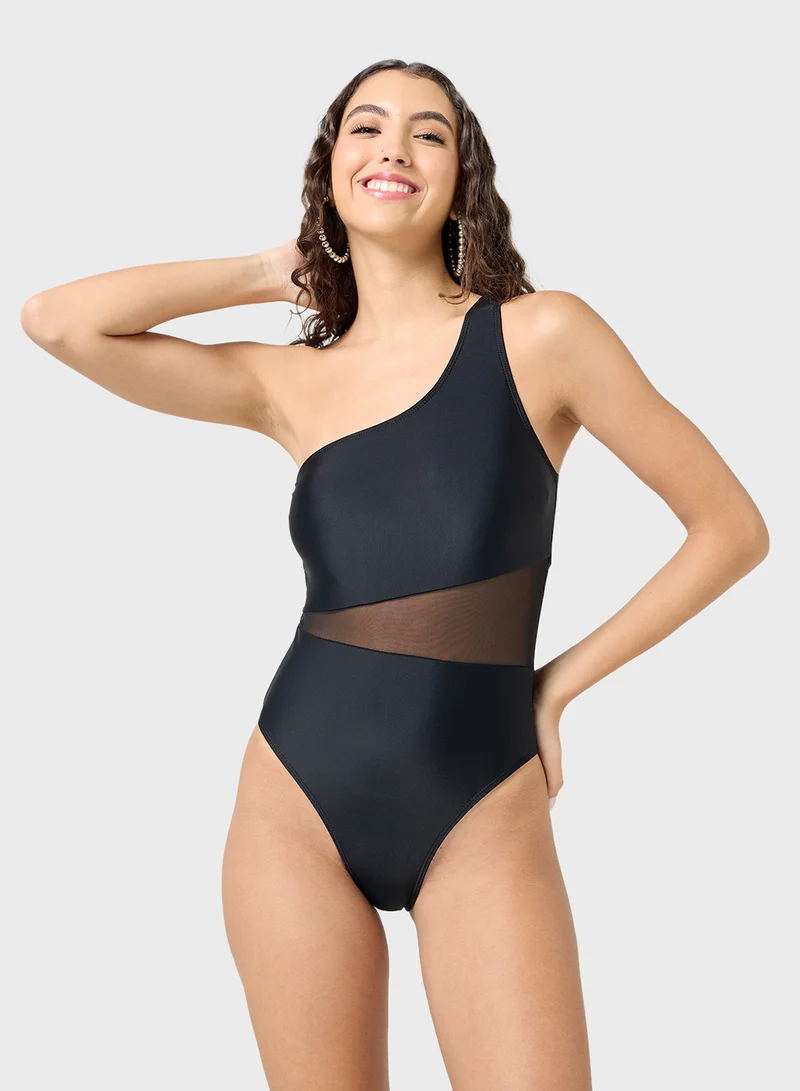 Ginger One Shoulder Mesh Cutout Detail Swimsuit