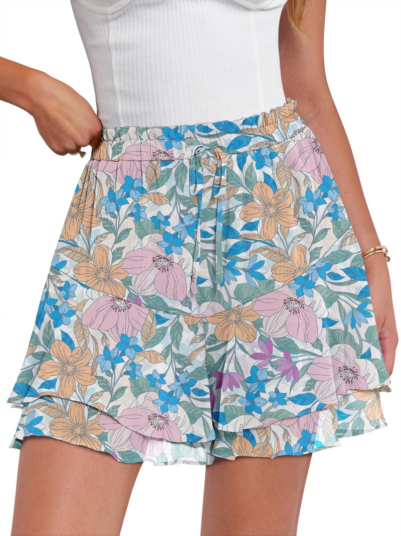 Caracilia Skorts for Women Boho Casual Beach Mini Skirts Summer Floral Ruffle Chiffon Flowy Shorts 2026 Trendy Outfits Pink Orange Floral Medium - Image 1