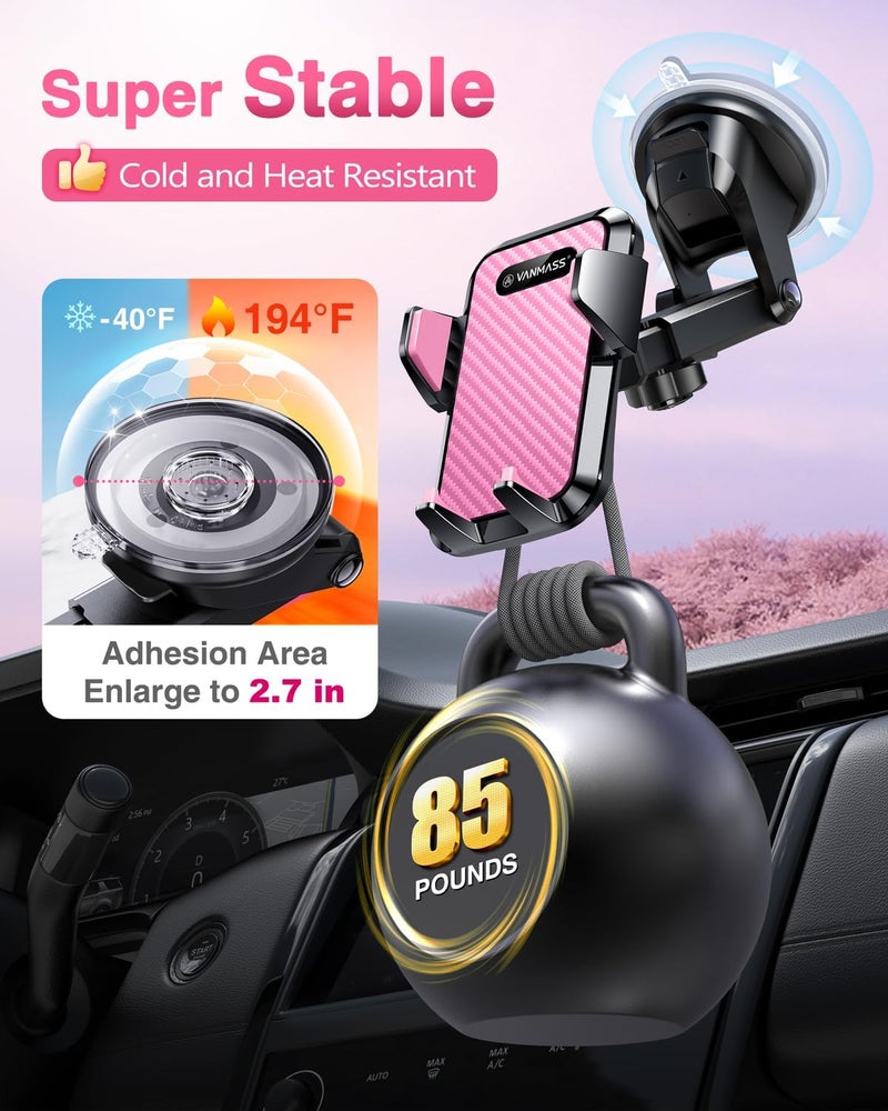 VANMASS 【85+LBS Strongest Suction & Military-Grade Ultimate Car Phone Mount【Patent & Safety Certs】 Cell Phone Holder Truck for Dashboard Windshield Vent for iPhone 17 Pro Max 16 15 for Samsung, Pink - Image 3