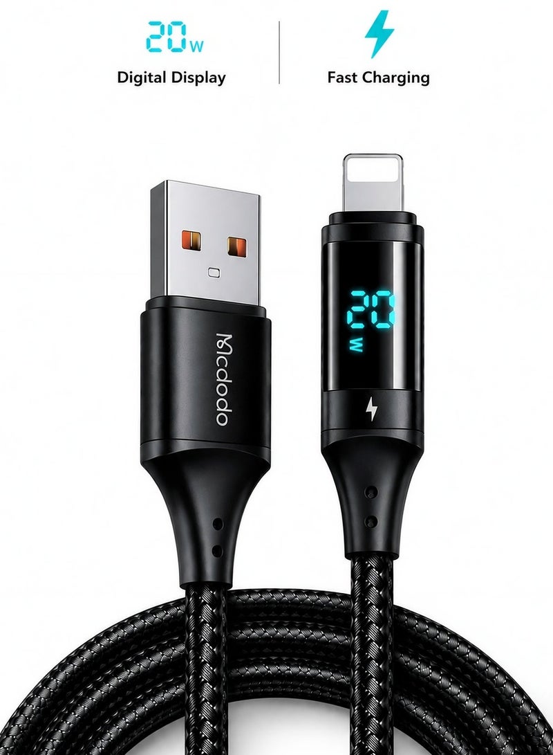 Mcdodo iPhone Lightning Fast Charging Cable With Digital Display 1.2m – USB to Lightning Data Cable for iPhone 14 13 12 11, iPad, iOS Devices – Smart Charging Black - Image 1
