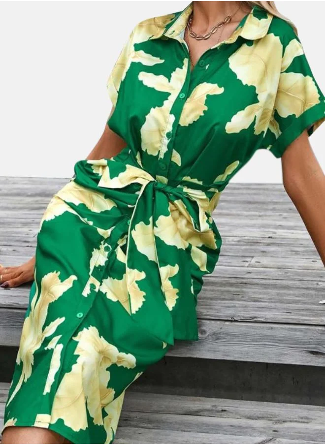 يونيكي Green Floral Printed Shirt Collar Tie Up Shirt Dress