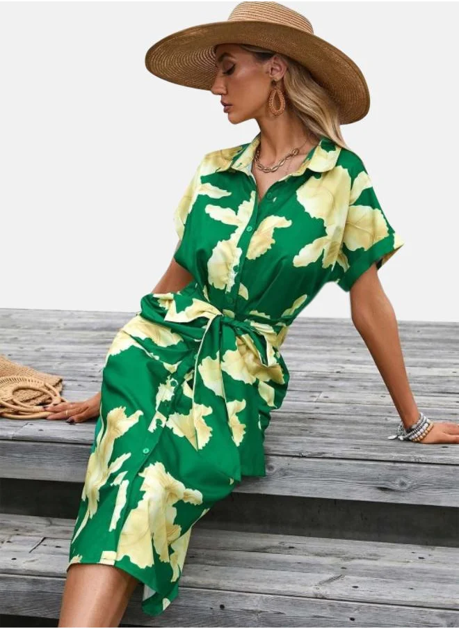 يونيكي Green Floral Printed Shirt Collar Tie Up Shirt Dress