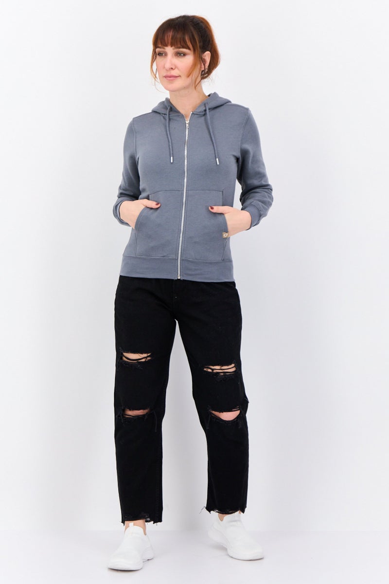 JUICE Women Hooded Long Sleeves Solid Full Zip Sweatshirt, Dark Grey - Image 4