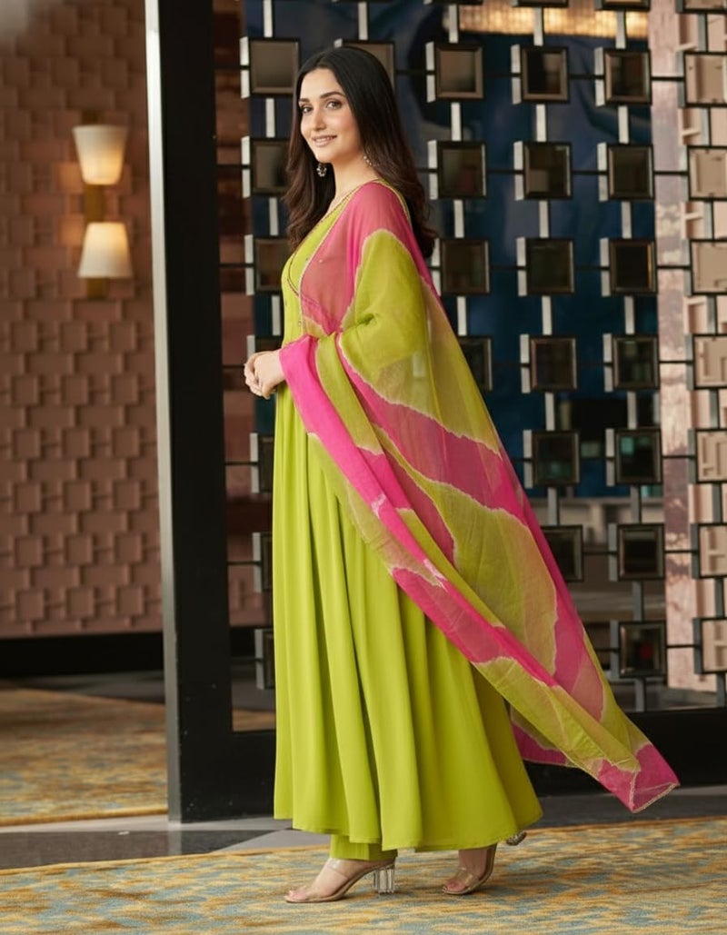 ANNI Designer Women's Rayon Viscose Anarkali Mirror Work Kurta with Pant & Dupatta (Bhadresh Green_L_Green_Large) - Image 3