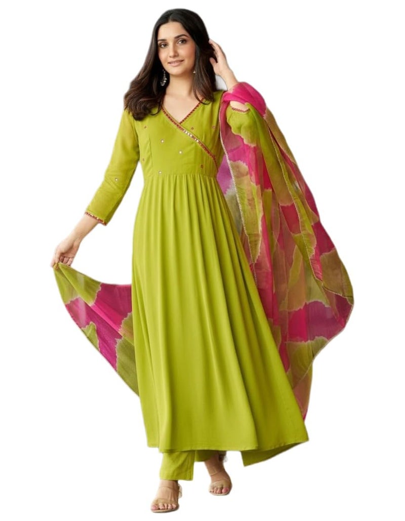 ANNI Designer Women's Rayon Viscose Anarkali Mirror Work Kurta with Pant & Dupatta (Bhadresh Green_L_Green_Large) - Image 1