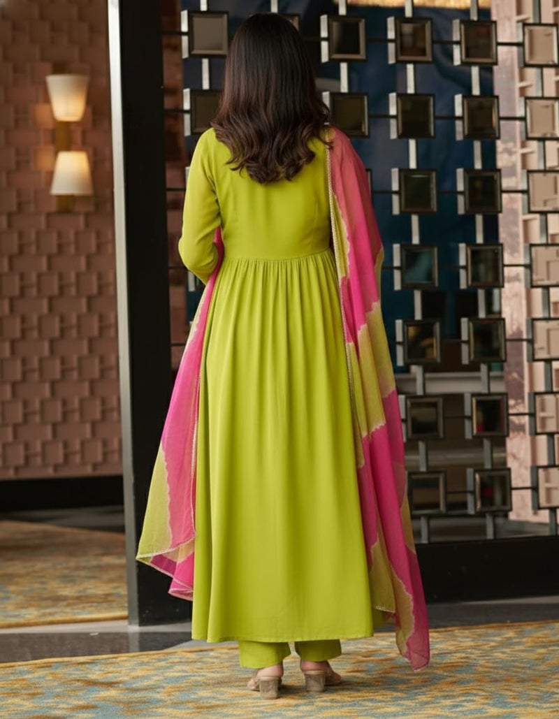 ANNI Designer Women's Rayon Viscose Anarkali Mirror Work Kurta with Pant & Dupatta (Bhadresh Green_L_Green_Large) - Image 2