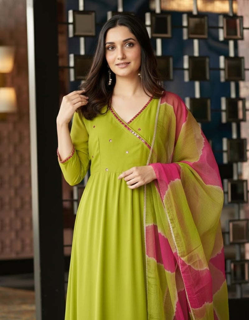 ANNI Designer Women's Rayon Viscose Anarkali Mirror Work Kurta with Pant & Dupatta (Bhadresh Green_L_Green_Large) - Image 5