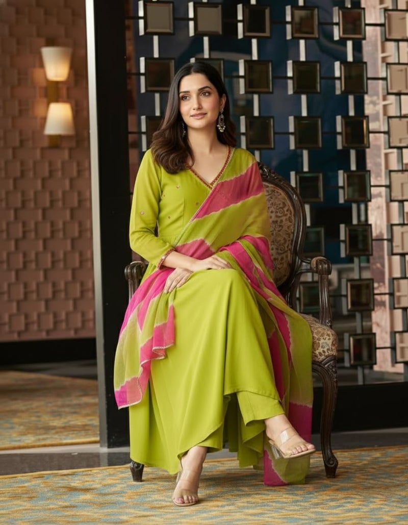 ANNI Designer Women's Rayon Viscose Anarkali Mirror Work Kurta with Pant & Dupatta (Bhadresh Green_L_Green_Large) - Image 4