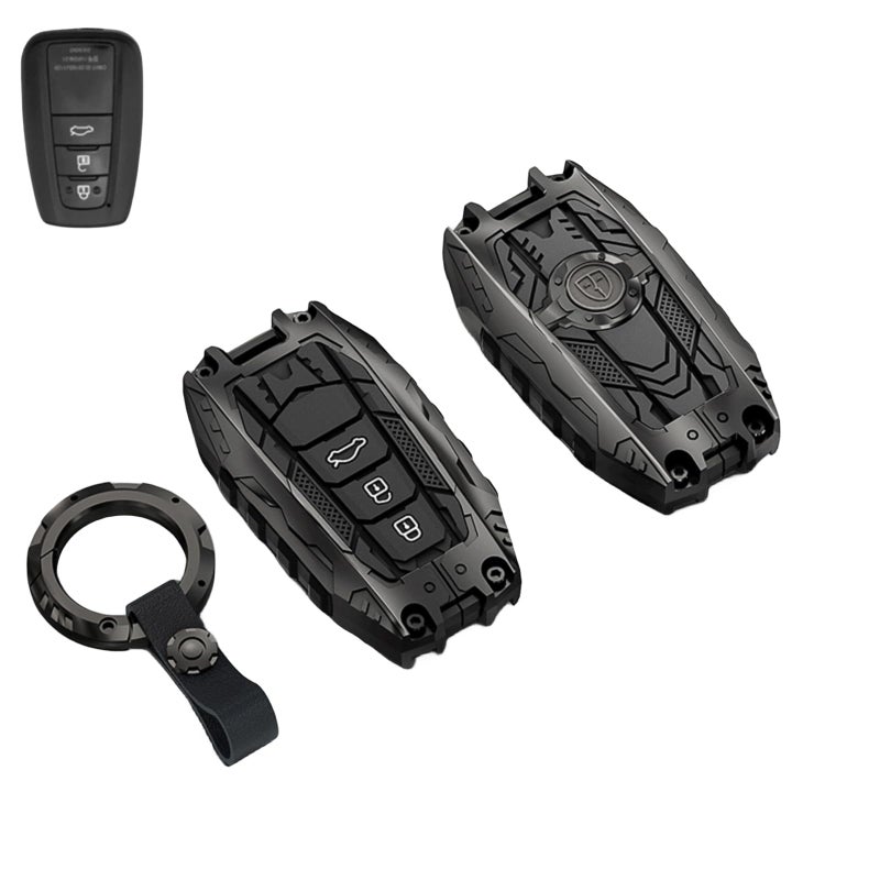 Zinc Alloy Key Fob Cover: 3-Key Black, Precision 1:1 Fit, Signal Interference-Free, Futuristic Mechanical Style - Easy Screw Installation for Toyota Highlander 2020-2024, RAV4, Camry, Corolla, Avalon, - Image 1