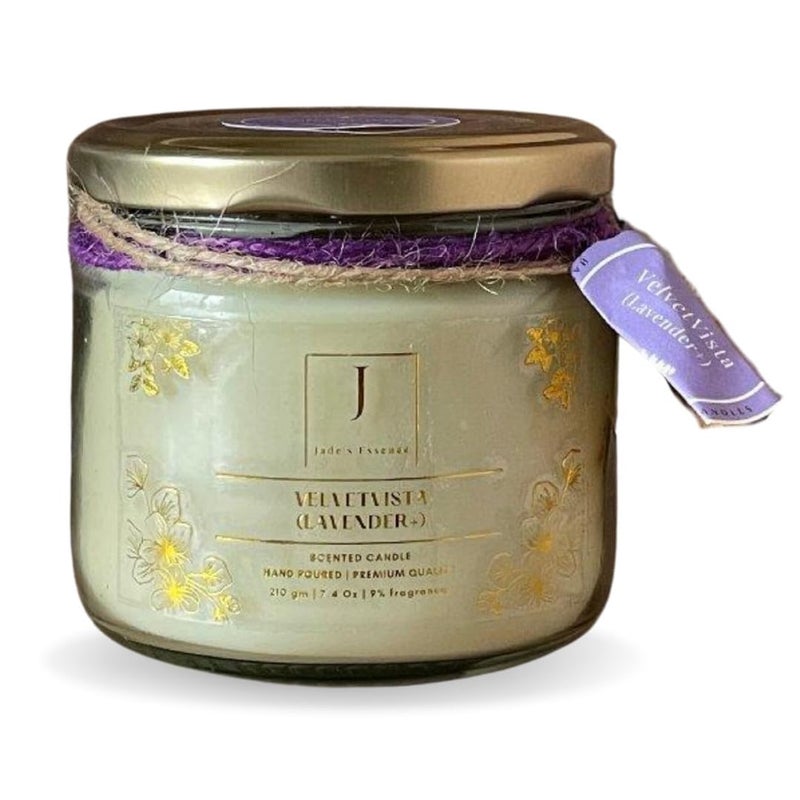 Jade's Essence Jades Essence Ecofriendly Scented Soy Candle 210gm VelvetVista Lavender Stress Relief Fragrance ToxinFree Sustainable 60 hrs HandPoured Organic Clean Burning Aromatherapy 