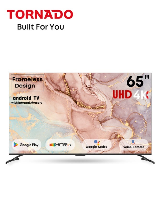 تورنيدو تورنادو 65 بوصة تلفاز ذكي أندرويد UHD 4K دولبي ديجيتال بلس، وضع الألعاب بلس، حركة سلسة، وضع رياضي بالذكاء الاصطناعي، تحكم صوتي، مشاركة الشاشة، يوتيوب، نتفليكس، ديزني+، شاهد وأنغامي - Image 1
