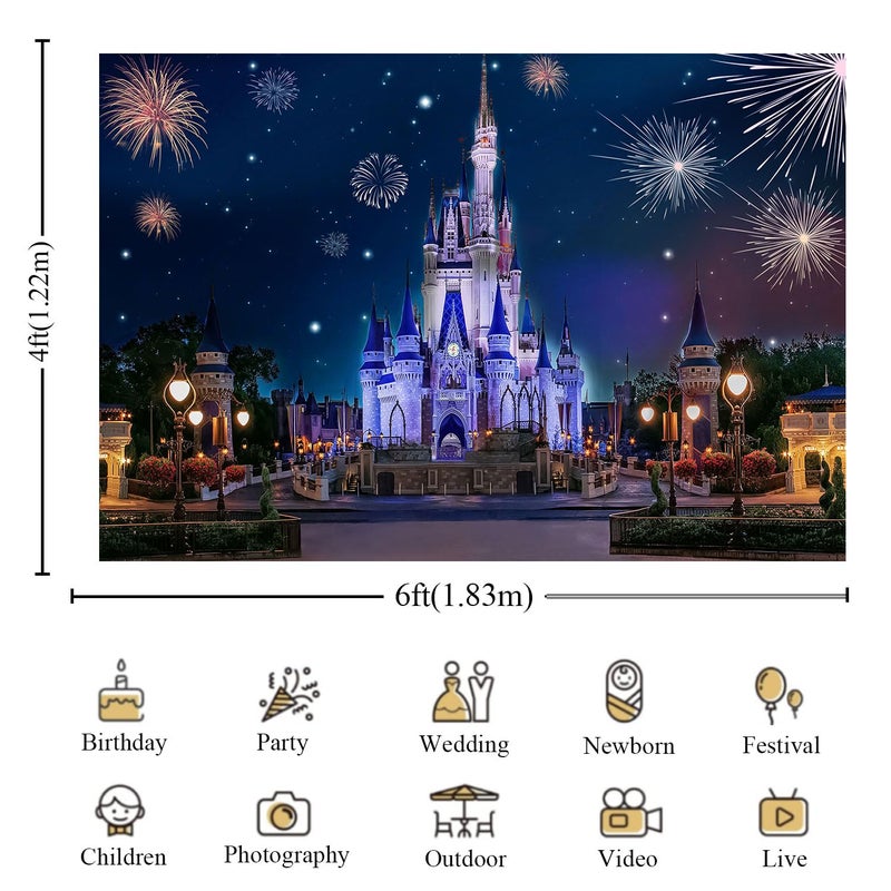 KUKUSOUL 6x4ft Castle Backdrop Blue Castle Back Garden Fireworks Night Scene Background Girls Birthday Party Photobooth Backdrop Supplies Cake Table Decorations KUHB022 - Image 2