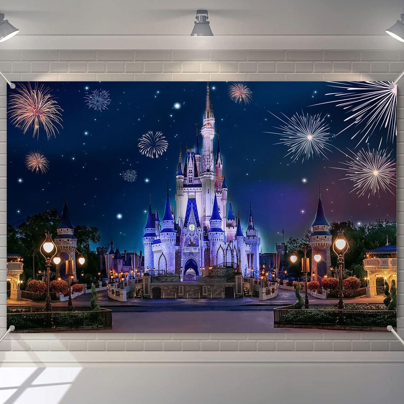 KUKUSOUL 6x4ft Castle Backdrop Blue Castle Back Garden Fireworks Night Scene Background Girls Birthday Party Photobooth Backdrop Supplies Cake Table Decorations KUHB022 - Image 1