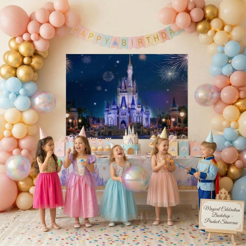 KUKUSOUL 6x4ft Castle Backdrop Blue Castle Back Garden Fireworks Night Scene Background Girls Birthday Party Photobooth Backdrop Supplies Cake Table Decorations KUHB022 - Image 3