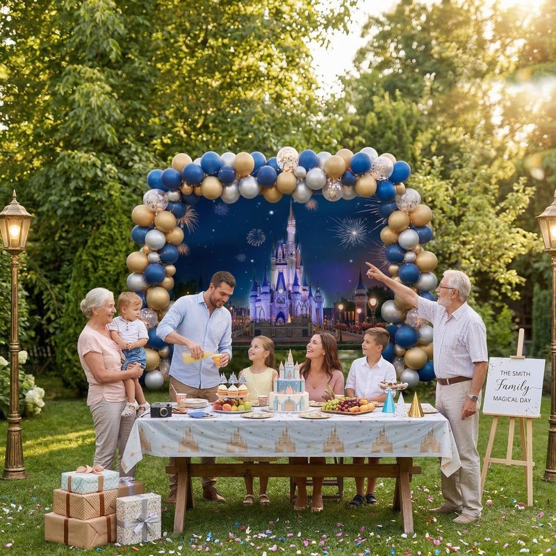 KUKUSOUL 6x4ft Castle Backdrop Blue Castle Back Garden Fireworks Night Scene Background Girls Birthday Party Photobooth Backdrop Supplies Cake Table Decorations KUHB022 - Image 4