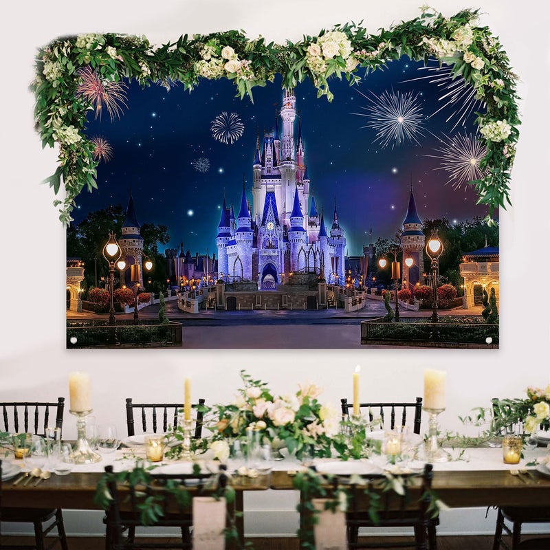KUKUSOUL 6x4ft Castle Backdrop Blue Castle Back Garden Fireworks Night Scene Background Girls Birthday Party Photobooth Backdrop Supplies Cake Table Decorations KUHB022 - Image 5