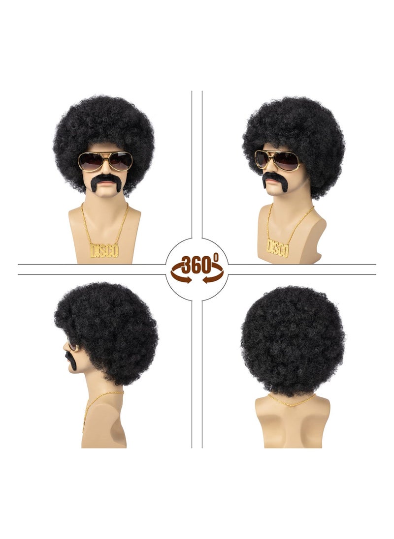 Wig Men, 4Pcs Set 70'S Costumes Wig Disco Wig for Men Natural Fluffy Short Black Curly Synthetic Hair Wig  - Image 2