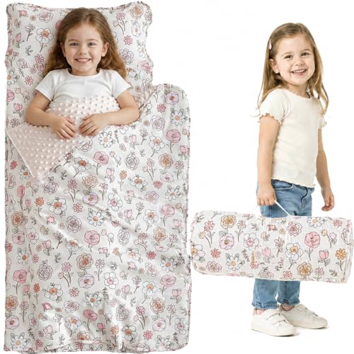 DuShow Floral Toddler Nap Mat with ZipperDetachable Minky Blanket and Removable PillowSoft Slumber Bags for GirlsKids Sleeping Bag for Daycare Preschool KindergartenFlower Toddler Sleeping Mat Pink - Image 1