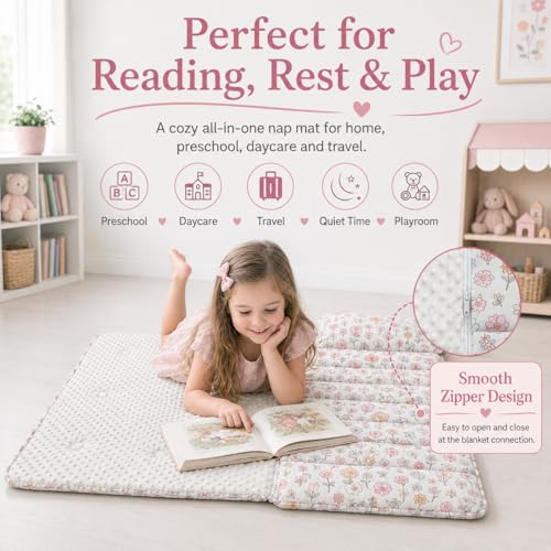 DuShow Floral Toddler Nap Mat with ZipperDetachable Minky Blanket and Removable PillowSoft Slumber Bags for GirlsKids Sleeping Bag for Daycare Preschool KindergartenFlower Toddler Sleeping Mat Pink - Image 3