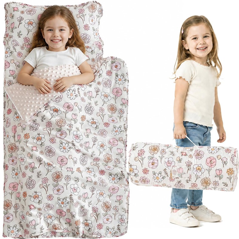 DuShow Floral Toddler Nap Mat with ZipperDetachable Minky Blanket and Removable PillowSoft Slumber Bags for GirlsKids Sleeping Bag for Daycare Preschool KindergartenFlower Toddler Sleeping Mat Pink - Image 2