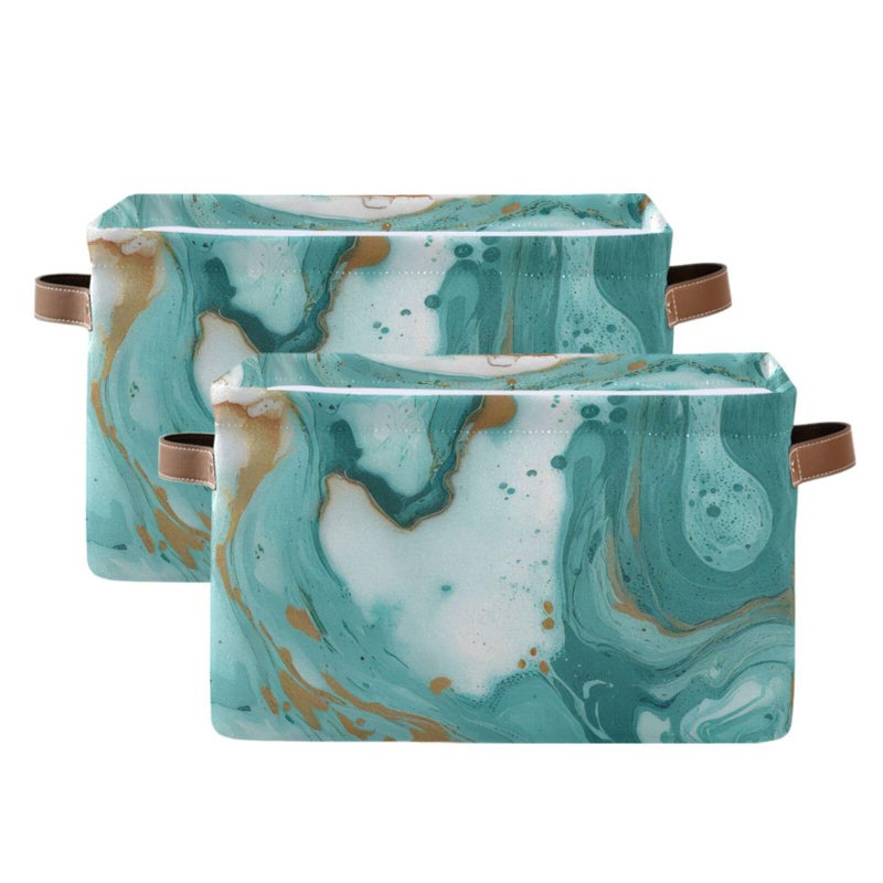 KEEPREAL Turquoise Marble Texture Basket Bin Large Storage Basket Toy Basket Canvas Storage Basket Clothes Basket Decorative Basket for Home Office (15x11x9.5inch,2PACK)