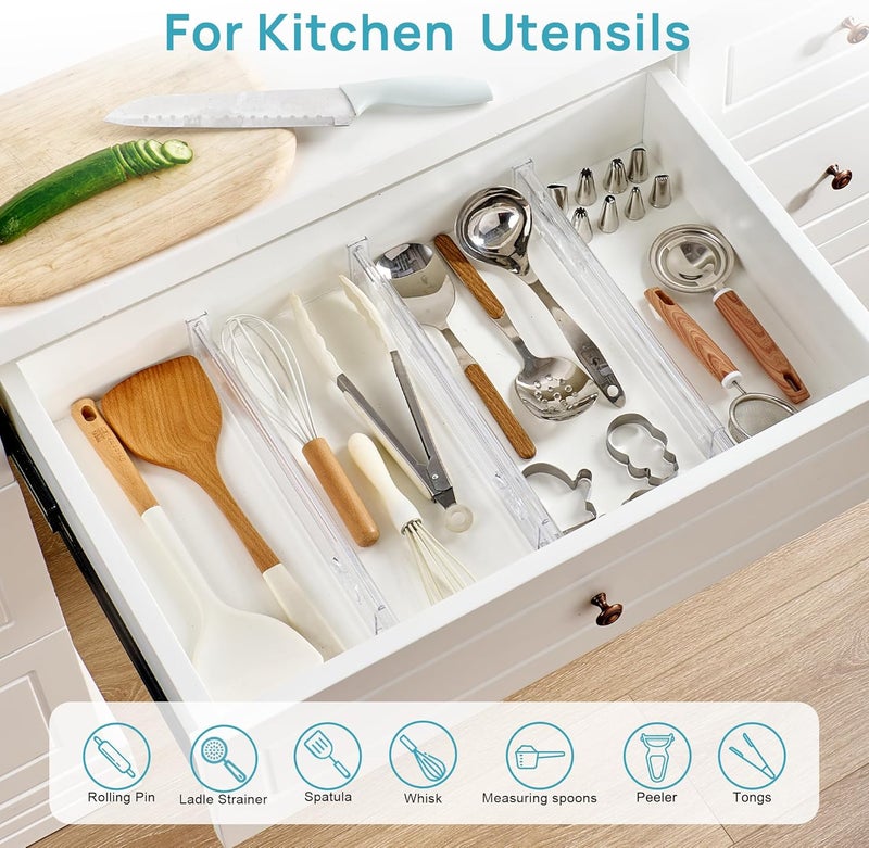 Vtopmart 8 Pack 2.36" Short Upgrade Drawer Dividers for Kitchen Drawer, 12.8"-22.3" Expandable Kitchen Drawer Organizer, Clear Plastic Organizer Separator for Flatware, Utensil, Cutlery, Underwear - Image 3