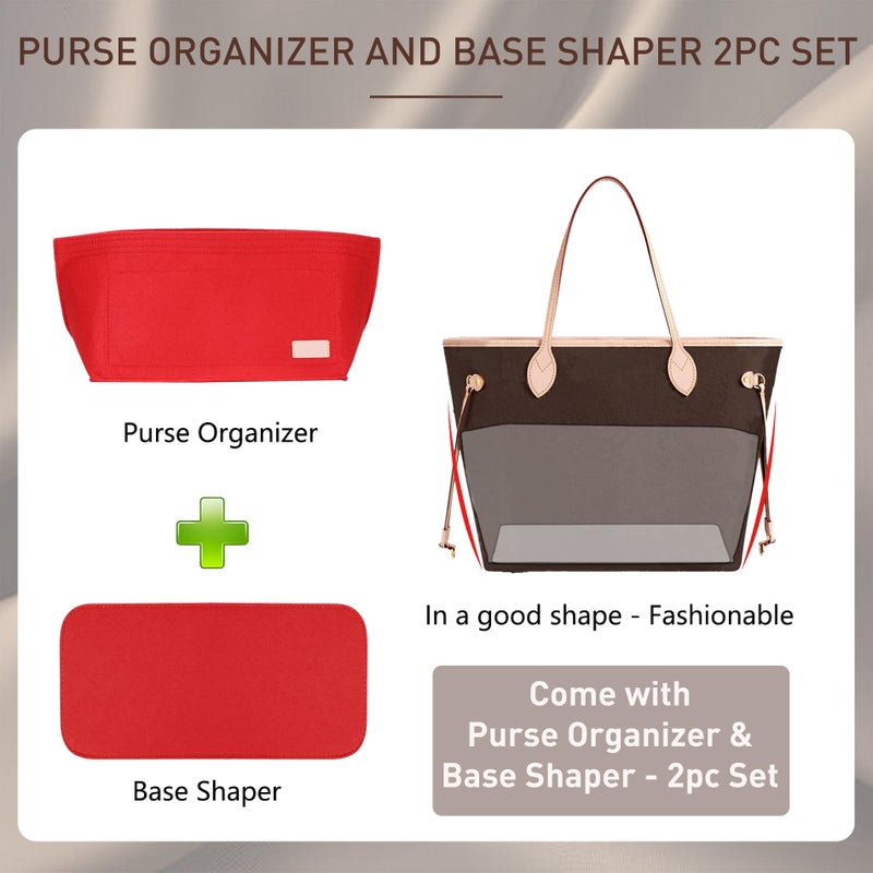 Doxo Purse Organizer Insert for Handbags & Base Shaper 2pc Set,Felt Organizer Insert Large Tote,Bag Organizer with Zipper 7 Sizes,Fit Speedy Neverfull MM/City33 and More(Red-L-Combination) - Image 3
