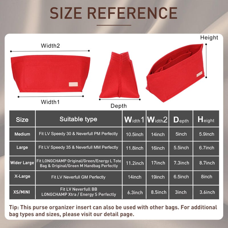Doxo Purse Organizer Insert for Handbags & Base Shaper 2pc Set,Felt Organizer Insert Large Tote,Bag Organizer with Zipper 7 Sizes,Fit Speedy Neverfull MM/City33 and More(Red-L-Combination) - Image 2